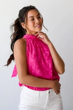 Love Story Hot Pink Textured Floral Sleeveless Blouse -Trendy Clothing Store shopdressup pink halter blouse 10