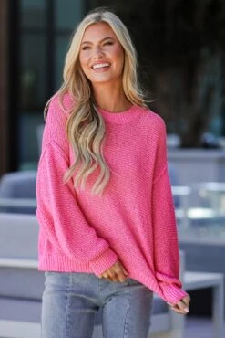 FINAL SALE - Perfect Mix Pink Lightweight Knit Oversized Sweater -Trendy Clothing Store shopdressup pink knit sweater 10