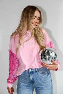 FINAL SALE - Radiant Always Pink Sequin Sleeve Pullover -Trendy Clothing Store shopdressup pink sequin sleeve pullover 3
