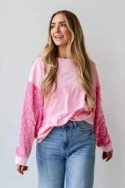 FINAL SALE - Radiant Always Pink Sequin Sleeve Pullover -Trendy Clothing Store shopdressup pink sequin sleeve pullover 5