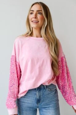FINAL SALE - Radiant Always Pink Sequin Sleeve Pullover -Trendy Clothing Store shopdressup pink sequin sleeve pullover 6