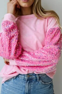 FINAL SALE - Radiant Always Pink Sequin Sleeve Pullover -Trendy Clothing Store shopdressup pink sequin sleeve pullover 7