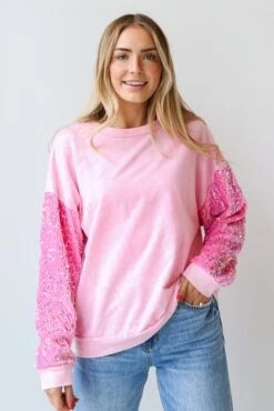 FINAL SALE - Radiant Always Pink Sequin Sleeve Pullover -Trendy Clothing Store shopdressup pink sequin sleeve pullover 8