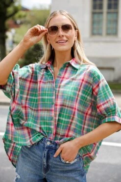 Surely Charmed Green Plaid Blouse