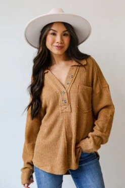 Alice Collared Henley Knit Top - DOORBUSTER -Trendy Clothing Store shopdressup ribbed henley top 13