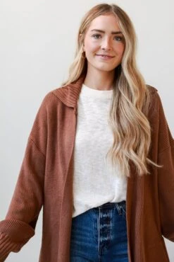 FINAL SALE - Chilly Day Charm Mocha Longline Sweater Cardigan -Trendy Clothing Store shopdressup rust longline cardigan 6