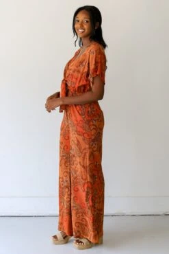 FINAL SALE - Getaway Moves Paisley Jumpsuit -Trendy Clothing Store shopdressup rust paisley jumpsuit 15