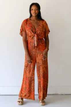 FINAL SALE - Getaway Moves Paisley Jumpsuit -Trendy Clothing Store shopdressup rust paisley jumpsuit 3