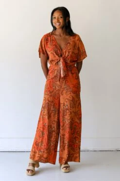 FINAL SALE - Getaway Moves Paisley Jumpsuit -Trendy Clothing Store shopdressup rust paisley jumpsuit 7