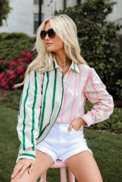Officially Cute Pink Color Block Striped Oversized Button-Up Blouse