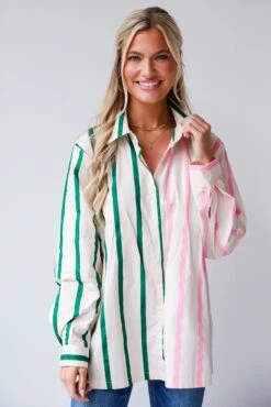 Officially Cute Pink Color Block Striped Oversized Button-Up Blouse -Trendy Clothing Store shopdressup striped button up blouse 3 c5e646ab 8511 4828 b93d d329f132a47a