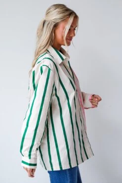 Officially Cute Pink Color Block Striped Oversized Button-Up Blouse -Trendy Clothing Store shopdressup striped button up blouse 7 42ee13e8 7474 4c96 a171 18f0af80799c
