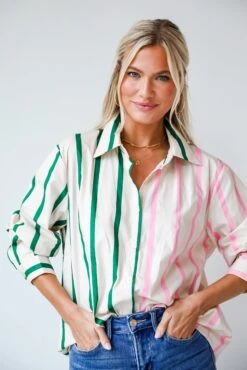 Officially Cute Pink Color Block Striped Oversized Button-Up Blouse -Trendy Clothing Store shopdressup striped button up blouse 8 0f8a2bcb fcf5 463b ac26 e000b4c3040d
