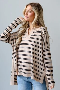 FINAL SALE - Cuddly Couture Taupe Striped Collared Knit Top -Trendy Clothing Store shopdressup striped collared top 4 ed4d9e5a a93c 4f54 8e9f f490794ceeda