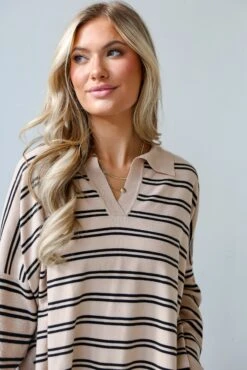 FINAL SALE - Cuddly Couture Taupe Striped Collared Knit Top -Trendy Clothing Store shopdressup striped collared top 8 cdfee84c 2d4d 4639 954e d64809fab96d