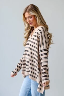 FINAL SALE - Cuddly Couture Taupe Striped Collared Knit Top -Trendy Clothing Store shopdressup striped collared top 9 ea40d9a7 1d90 49da 9e74 20a01c7efaa3