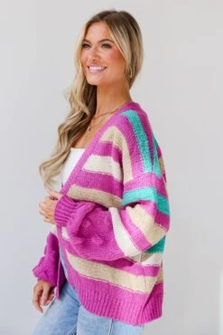FINAL SALE - Easygoing Style Fuchsia Striped Sweater Cardigan -Trendy Clothing Store shopdressup striped knit cardigan 9