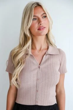 Breezy Finesse Tan Ribbed Knit Collared Top - DU DEAL -Trendy Clothing Store shopdressup tan ribbed collared top 7