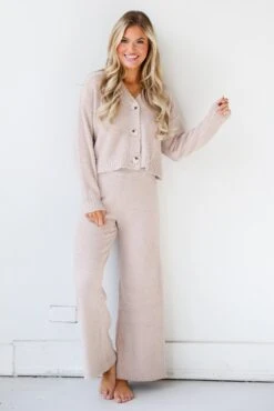 FINAL SALE - Weekends At Home Taupe Fuzzy Knit Pants -Trendy Clothing Store shopdressup taupe lounge pants 2
