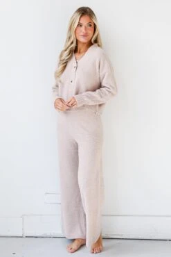 FINAL SALE - Weekends At Home Taupe Fuzzy Knit Pants -Trendy Clothing Store shopdressup taupe lounge pants 4