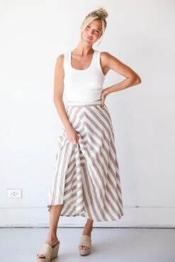 Completely Endearing Taupe Striped Maxi Skirt -Trendy Clothing Store shopdressup taupe striped midi skirt 2