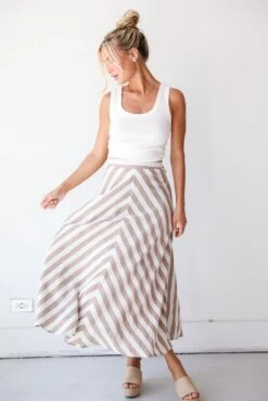 Completely Endearing Taupe Striped Maxi Skirt -Trendy Clothing Store shopdressup taupe striped midi skirt