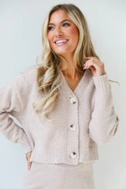 FINAL SALE - Weekends At Home Taupe Fuzzy Knit Sweater Cardigan -Trendy Clothing Store shopdressup taupe sweater cardigan 3 2444091d 1459 478f 8a94 a0c58434353b