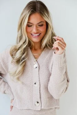 FINAL SALE - Weekends At Home Taupe Fuzzy Knit Sweater Cardigan -Trendy Clothing Store shopdressup taupe sweater cardigan 4
