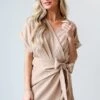 FINAL SALE - Fun And Flirty Camel Wrap Mini Dress - DU DEAL -Trendy Clothing Store shopdressup taupe wrap mini dress