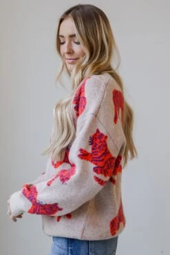 Wildly Styled Oatmeal Tiger Oversized Sweater Cardigan -Trendy Clothing Store shopdressup tiger sweater cardigan 7
