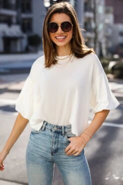 Effortless Behavior Ivory Ribbed Puff Sleeve Top -Trendy Clothing Store shopdressup white puff sleeve top 9