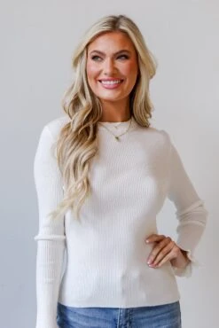 Isabella Off White Ribbed Knit Top -Trendy Clothing Store shopdressup white ribbed knit top