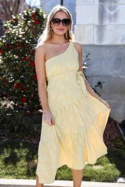 FINAL SALE - Sunshine Daydream Yellow One-Shoulder Tiered Midi Dress -Trendy Clothing Store shopdressup yellow midi dress 13